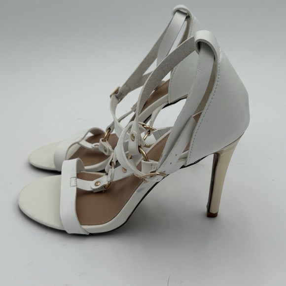 ShoeDazzle Ginny White Strappy Heels Gold Stiletto Heel Ankle Strap Women's 7.5 - Picture 2 of 9